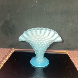Vintage Fenton Light Blue Milk Glass Hobnail Miniature Fan Vase